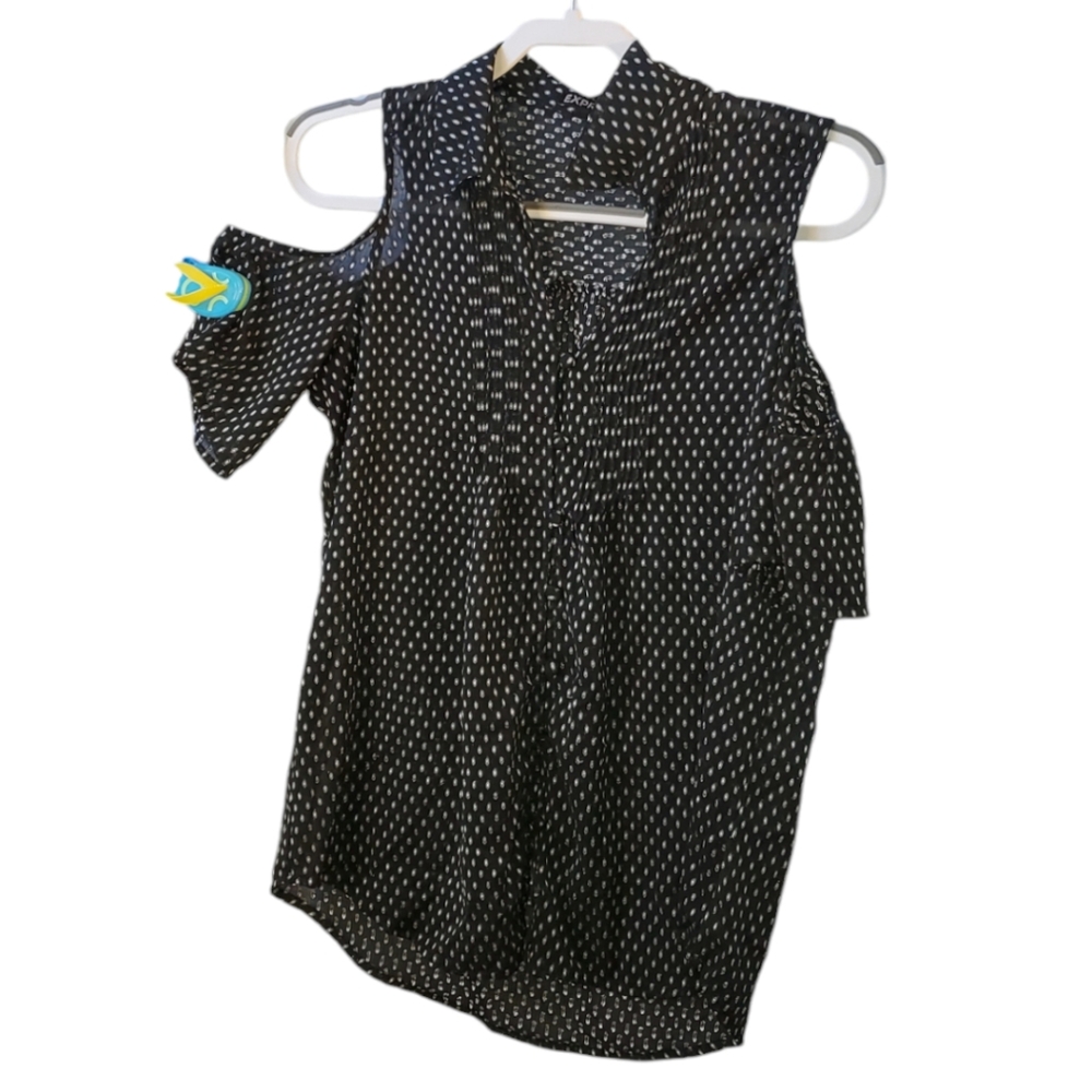 Express Black and White Cold Shoulder Blouse - Picture 1 of 11